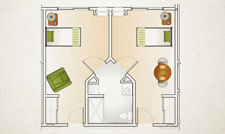 A floor plan featuring two bedrooms with mirrored layouts, including beds, desks, and a shared bathroom.