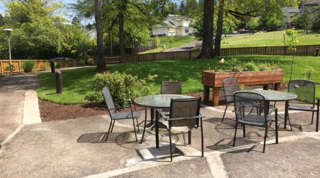 A serene outdoor patio with chairs and tables set in a lush garden.