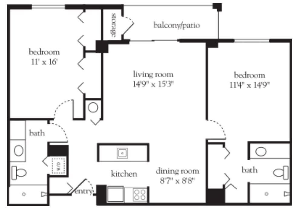 A detailed floor plan of an apartment with labeled rooms and dimensions.