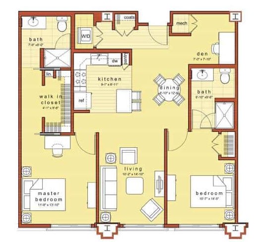 A detailed floor plan of a two-bedroom apartment with labeled rooms including a kitchen, living area, and bathrooms.