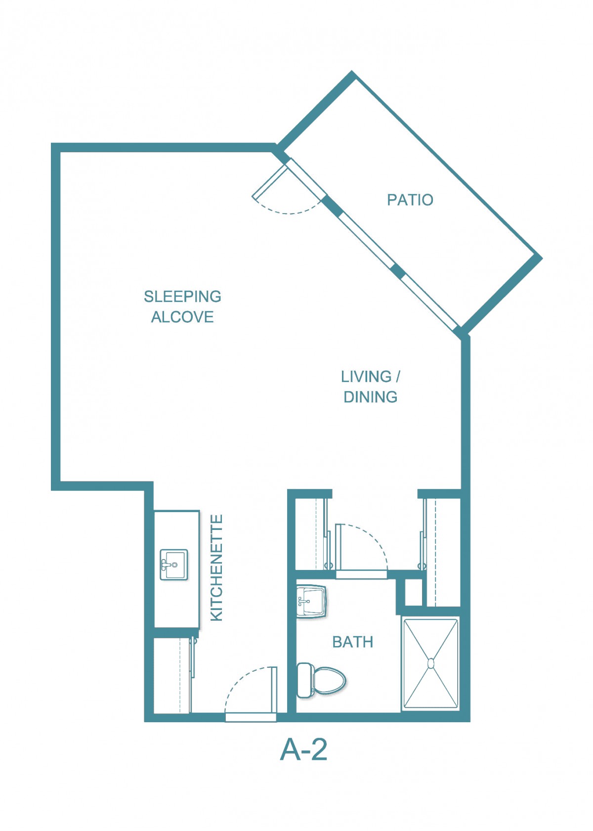 Studio apartment floor plan featuring a sleeping alcove, living area, kitchen, bathroom, and patio.