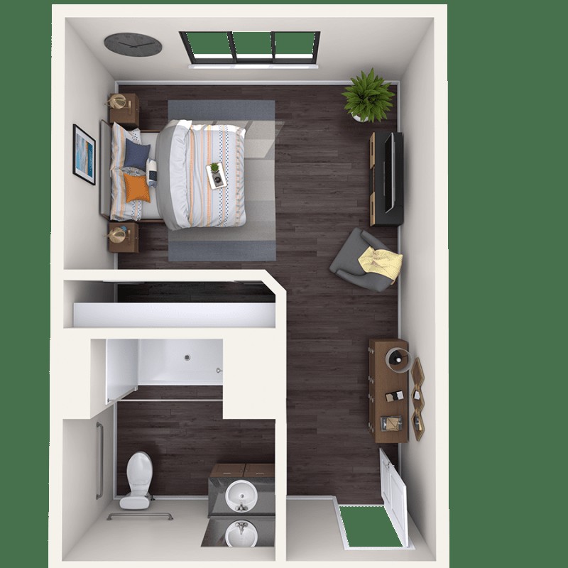 Overhead view of a small bedroom layout with modern furnishings.