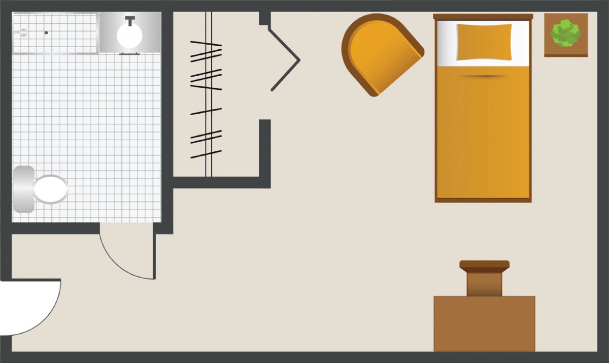 A simple floor plan of a bedroom with furniture layout.