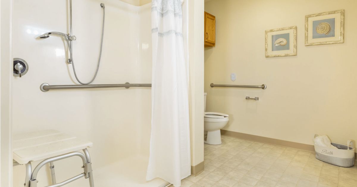 An accessible bathroom featuring a shower with a curtain and grab bars, alongside a toilet with additional support bars.