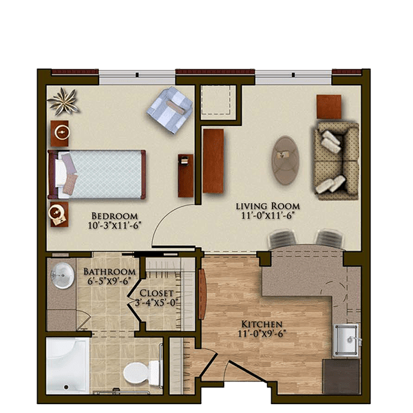 A one-bedroom apartment floor plan featuring a living room, kitchen, bathroom, and closet.