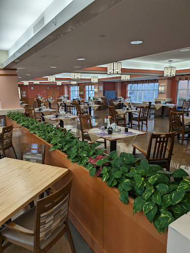 A spacious and well-lit dining area featuring wooden tables and chairs, complemented by decorative plants.