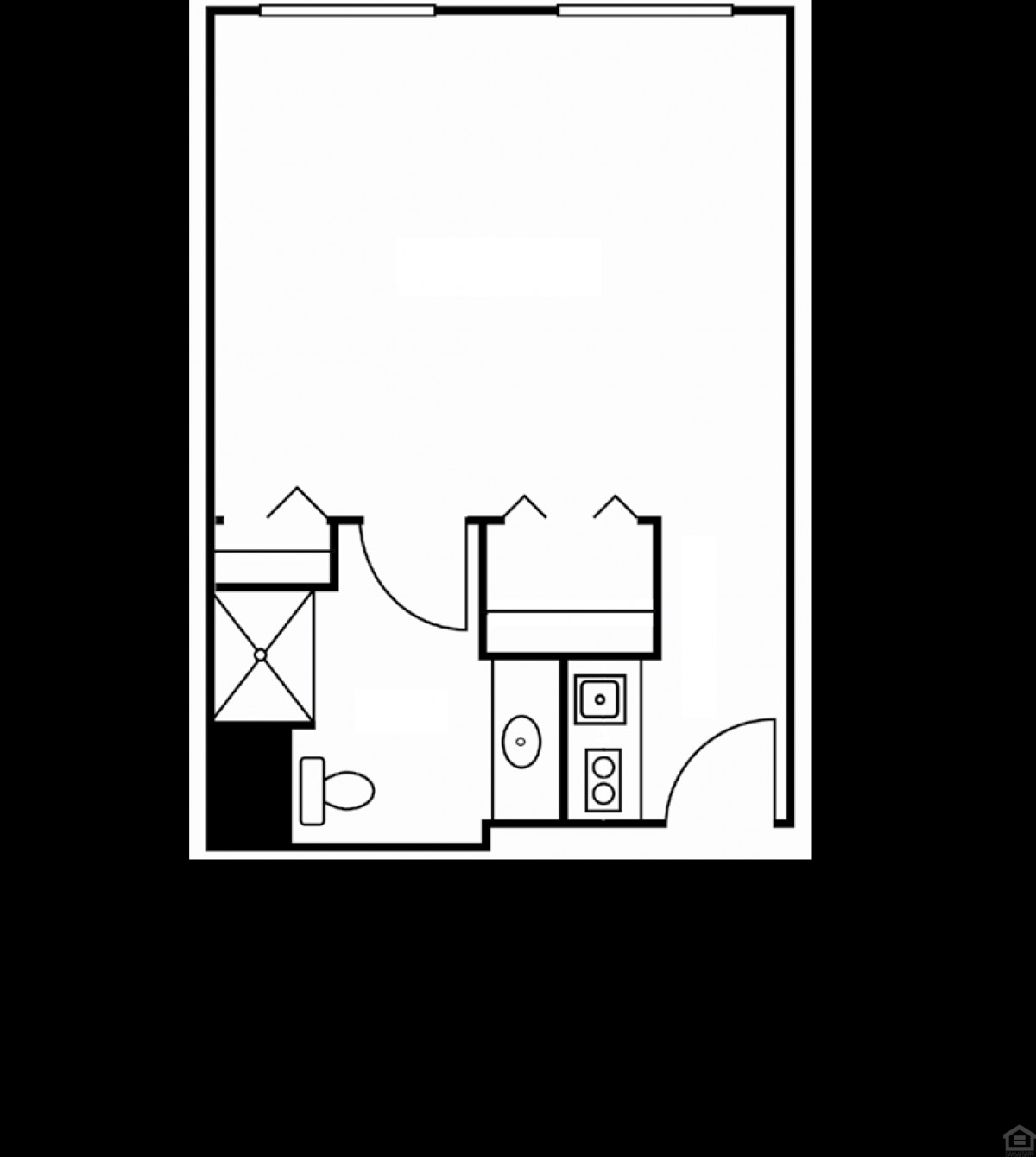Simple floor plan of an apartment featuring a bathroom and kitchen area.