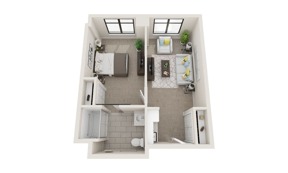 A 3D floor plan of a one-bedroom apartment featuring a living room, kitchen, and bathroom.