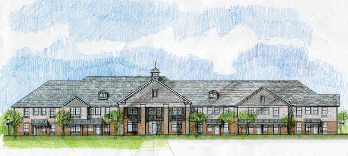 An architectural illustration of a large building with a grand entrance and symmetrical design.