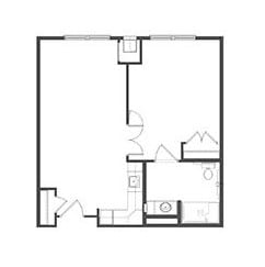 A simple floor plan of an apartment showing room layouts and dimensions.