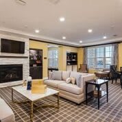 A cozy and well-decorated living room with a modern style featuring sofas, a coffee table, and a fireplace.