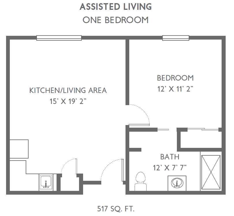 Floor plan for an assisted living one-bedroom apartment, totaling 517 sq. ft.