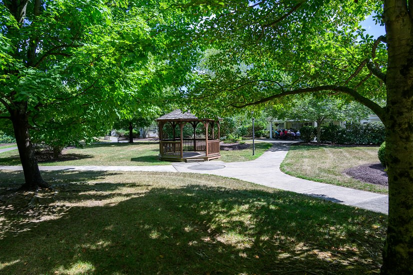 A peaceful park scene with a gazebo surrounded by pathways and lush green trees.