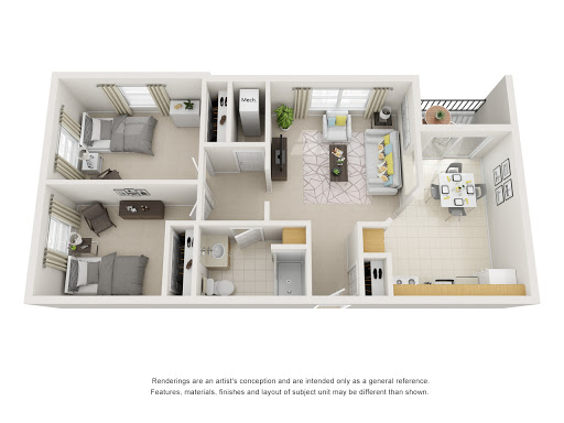 A detailed floor plan showcasing the layout of a modern apartment with two bedrooms, a living area, and a kitchen.