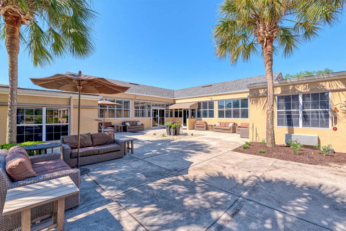 Sunny patio area with comfortable seating and palm trees.