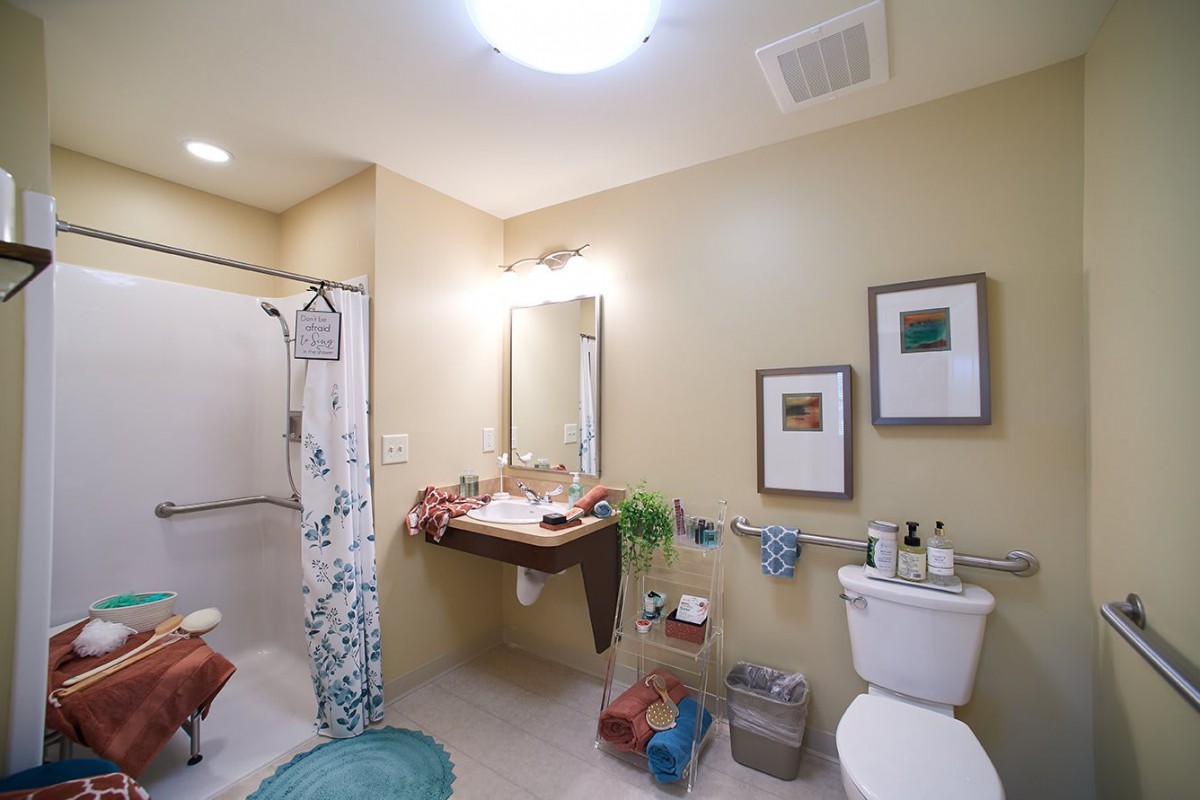 A modern bathroom with a sink, toilet, and shower area featuring a decorative curtain.