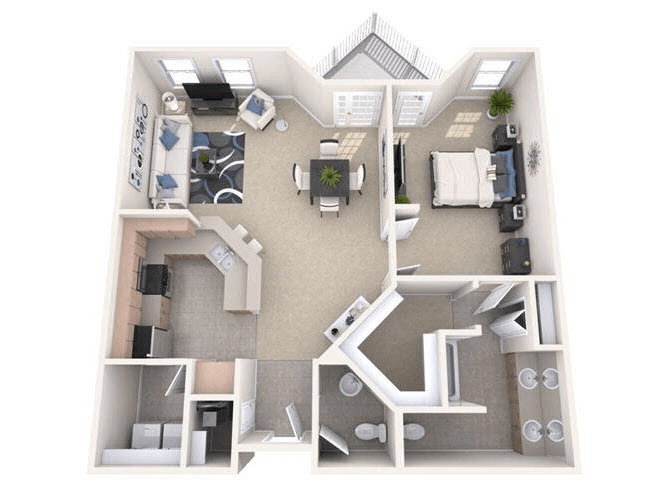 A 3D floor plan of a one-bedroom apartment showing a layout with a kitchen, living room, dining area, bedroom, and bathroom.