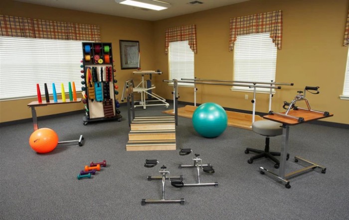 A physical therapy room with various rehabilitation and exercise equipment.