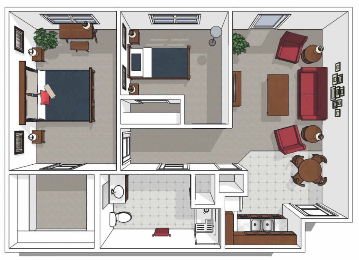 An overhead view of an apartment floor plan, showcasing the layout of rooms and furniture.