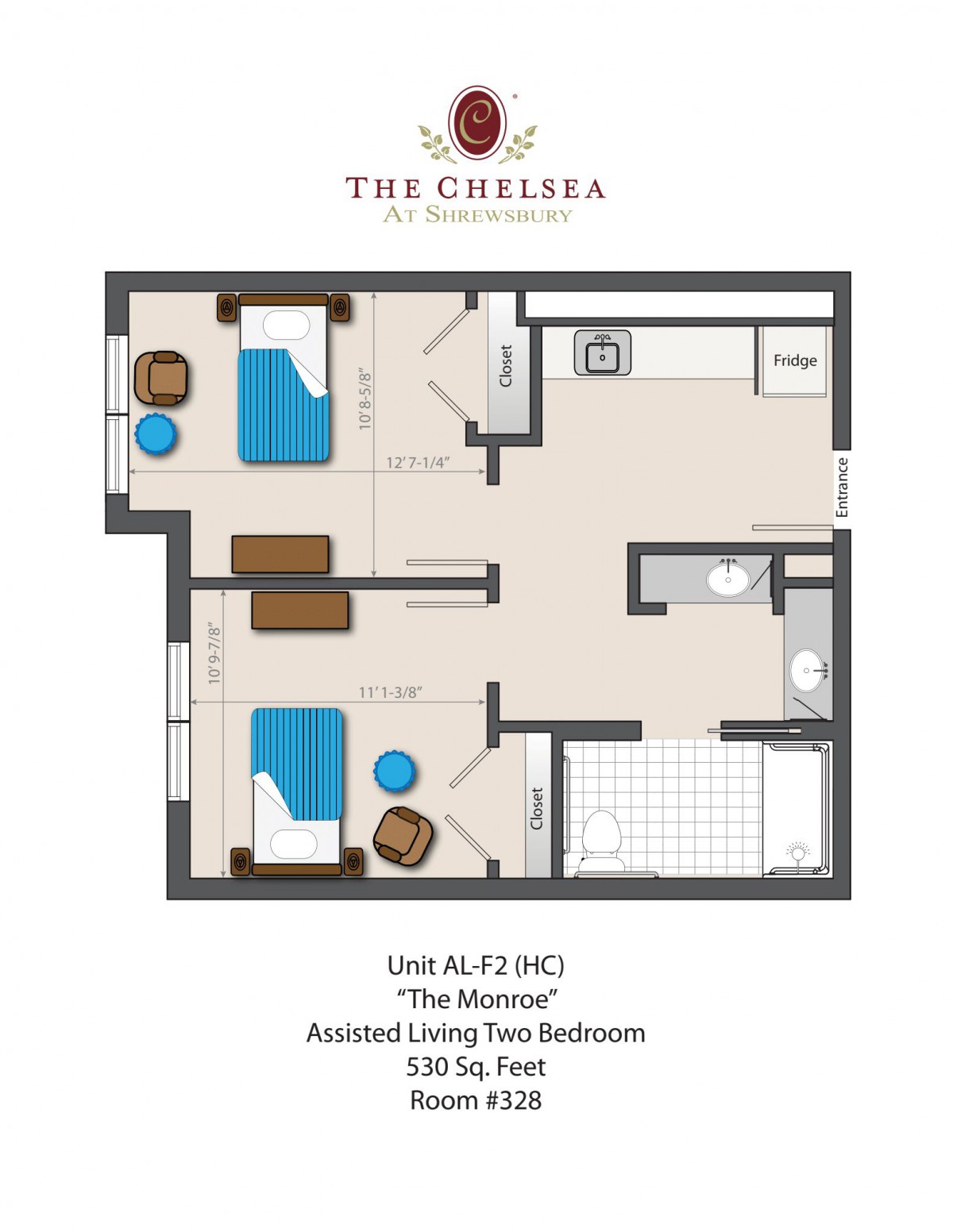 Floor plan of a two-bedroom assisted living apartment, covering 500 square feet.