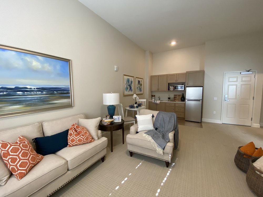 A modern, open-concept living room and kitchen area with comfortable seating and stylish decor.