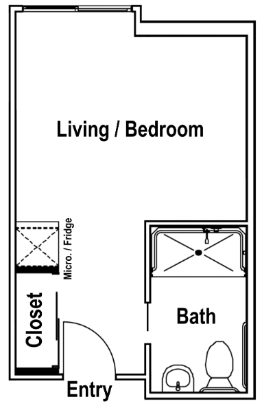 A simple floor plan of a studio apartment showing a combined living/bedroom area, bathroom, and closet.