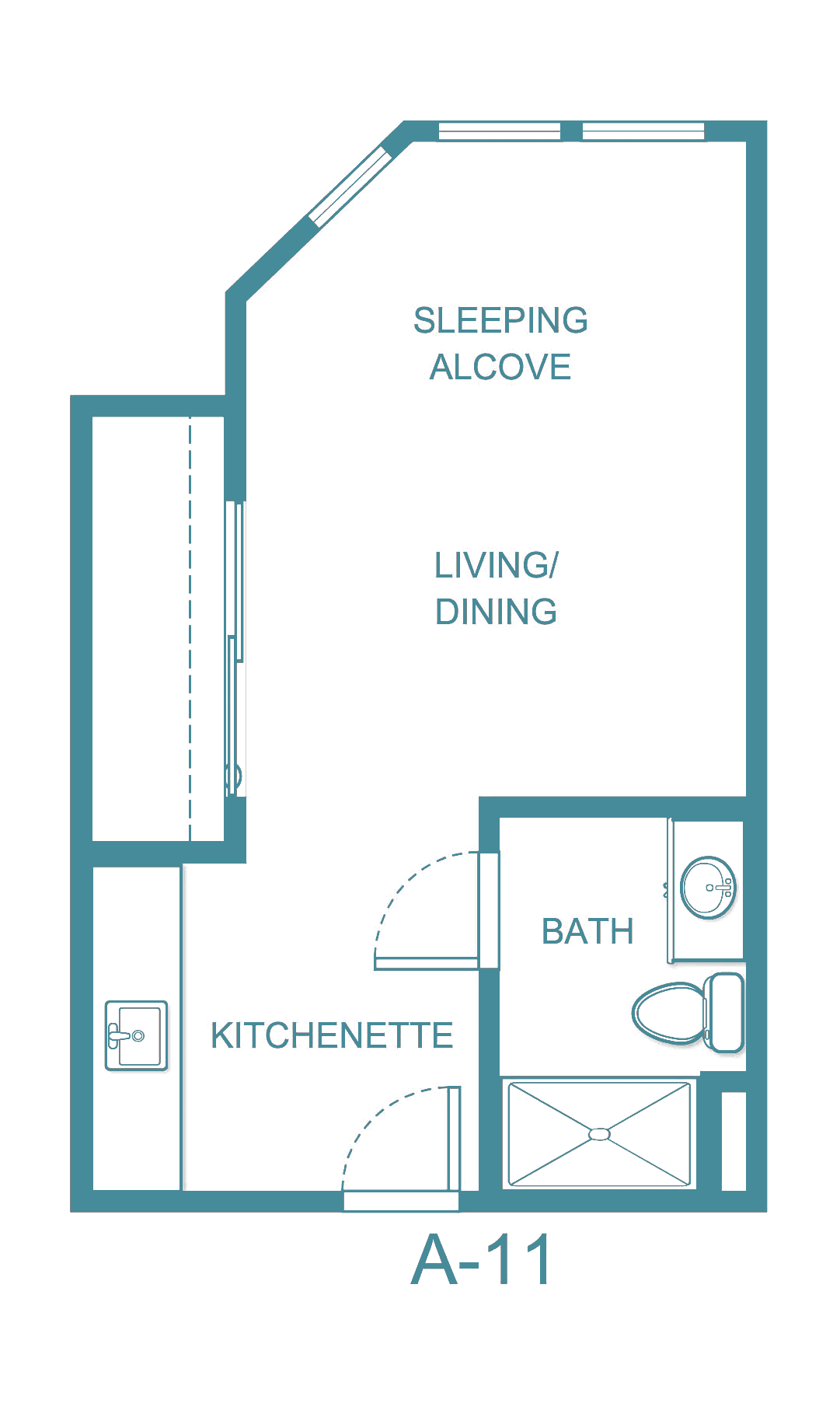 A floor plan of a studio apartment featuring a sleeping alcove, living/dining area, kitchenette, and bathroom.
