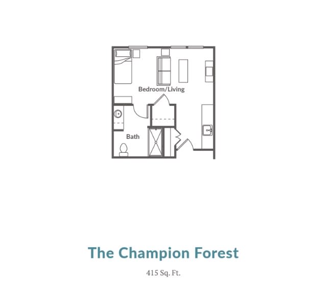 The Champion Forest floor plan, measuring 415 sq. ft.