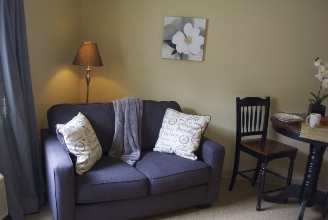 A cozy living room with a comfortable sofa adorned with pillows and a throw blanket, complemented by a nearby lamp, artwork on the wall, and a small table and chair.