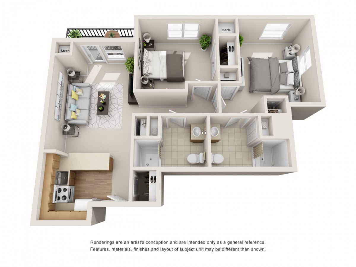 A 3D floor plan showcasing a two-bedroom apartment layout with modern interiors.