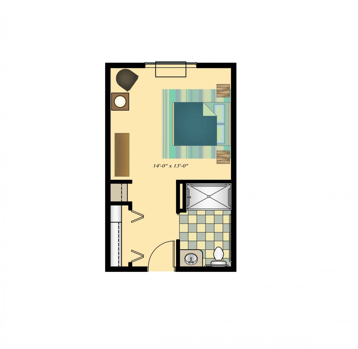 A floor plan of a small studio apartment featuring a bed, bathroom, and entry area.
