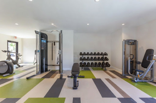 A modern indoor gym featuring a variety of exercise equipment, including dumbbells and a multi-functional machine.