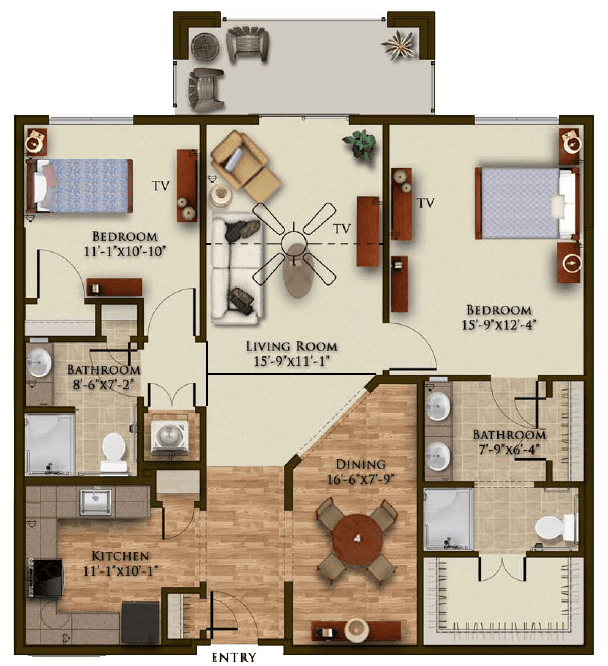 A detailed floor plan of a three-bedroom apartment with two bathrooms, a living room, kitchen, dining area, and a balcony.