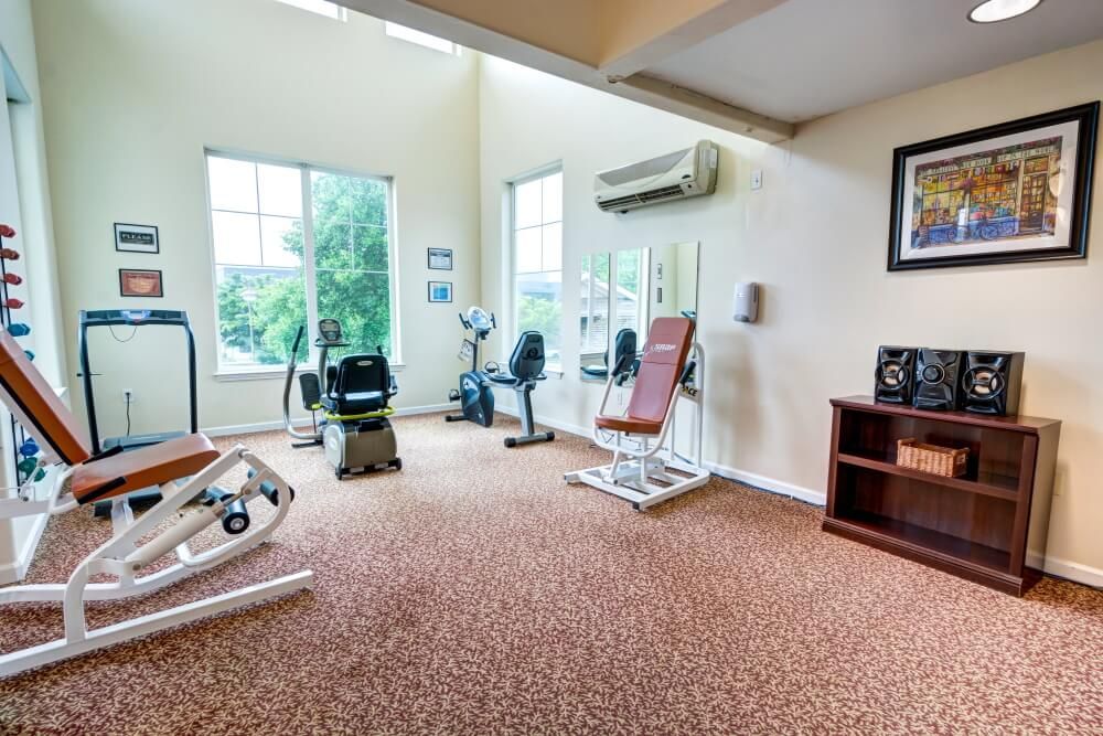 A well-equipped fitness center with various exercise machines and natural lighting.