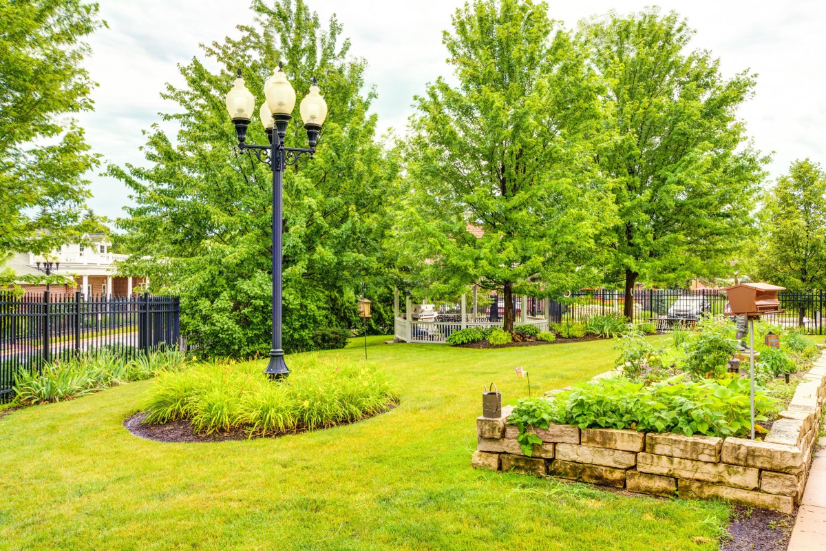A beautifully landscaped park with lush green grass, mature trees, and a classic lamp post.