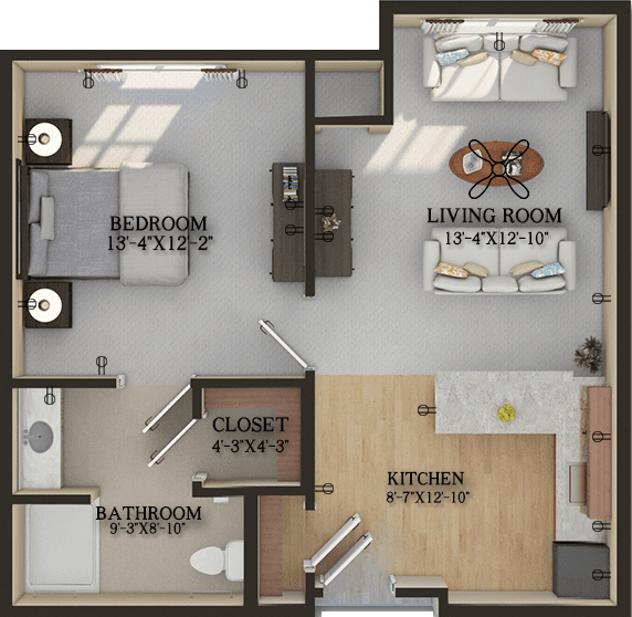 A detailed floor plan of a one-bedroom apartment featuring labeled rooms, including a bedroom, living room, kitchen, bathroom, and closet.