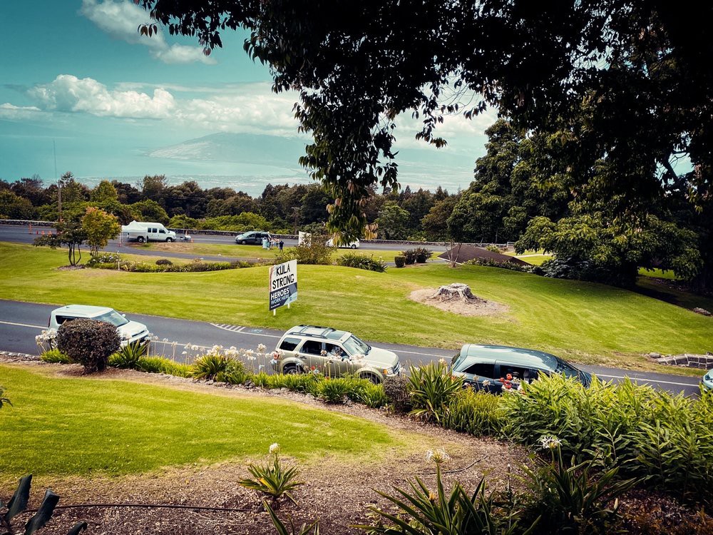 A scenic view of a roundabout surrounded by lush greenery and cars driving by.