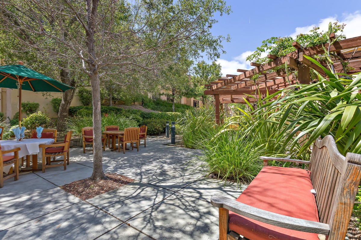A serene outdoor patio surrounded by lush greenery and comfortable seating.