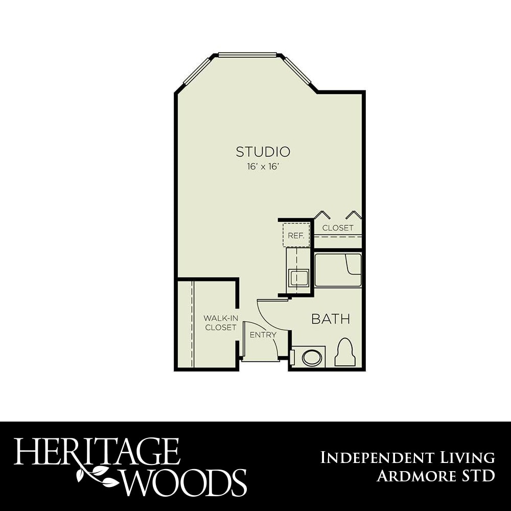 Floor plan of a studio apartment in Heritage Woods Independent Living.