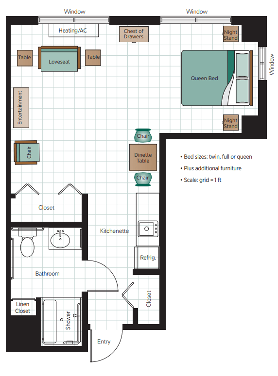 A floor plan depicting a one-bedroom apartment with designated spaces for the living room, kitchen, bathroom, and bedroom.