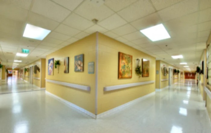 A brightly lit hospital hallway featuring artwork on the walls.
