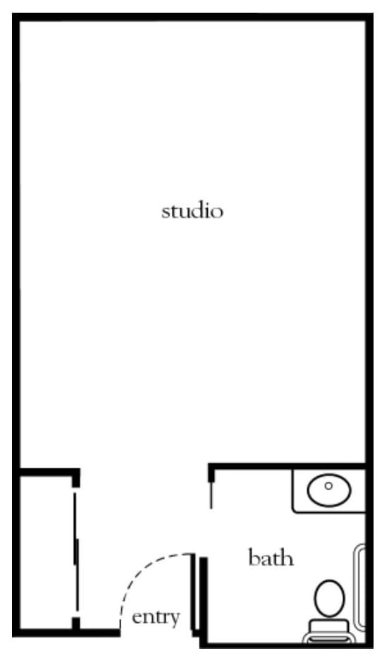 Studio apartment floor plan layout.
