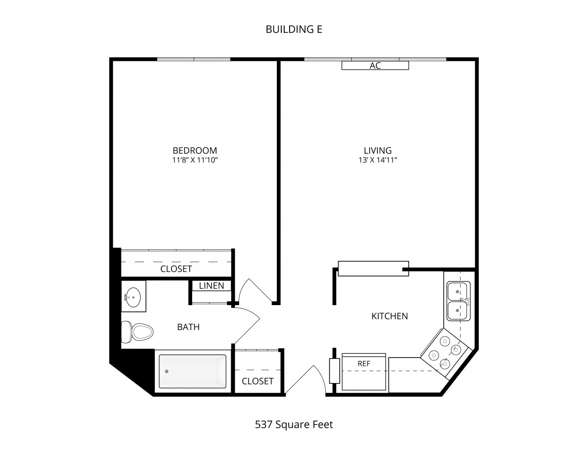 A floor plan of a one-bedroom apartment with a living room, kitchen, bathroom, and balcony.