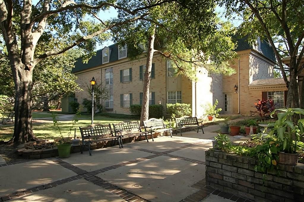 A peaceful courtyard with benches and trees casting shadows on a sunny day.