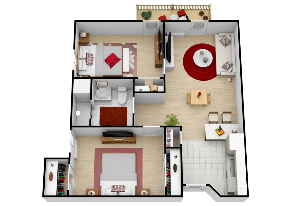 A two-bedroom apartment floor plan with a living room, kitchen, and bathroom.