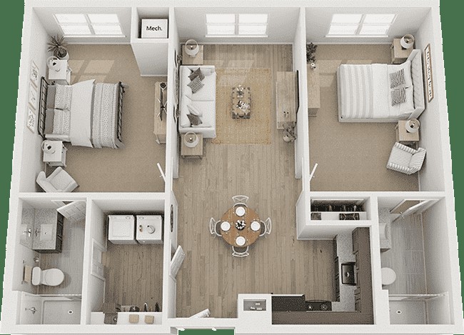 A 3D floor plan of a two-bedroom apartment featuring an open living and dining area, a kitchen, and a bathroom.