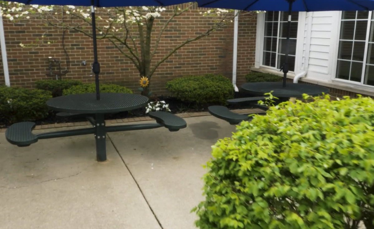 Outdoor patio area with picnic tables, umbrellas, and surrounding greenery.