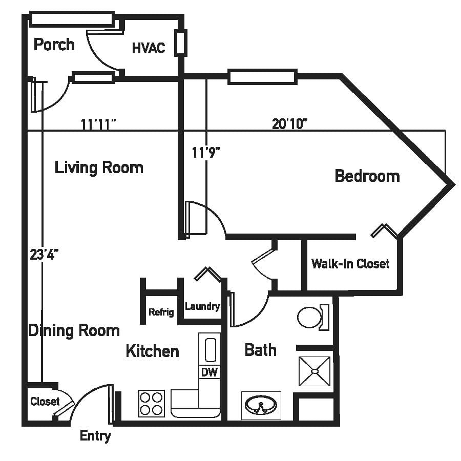 A floor plan depicting a one-bedroom apartment layout with living room, dining room, kitchen, bathroom, and walk-in closet.