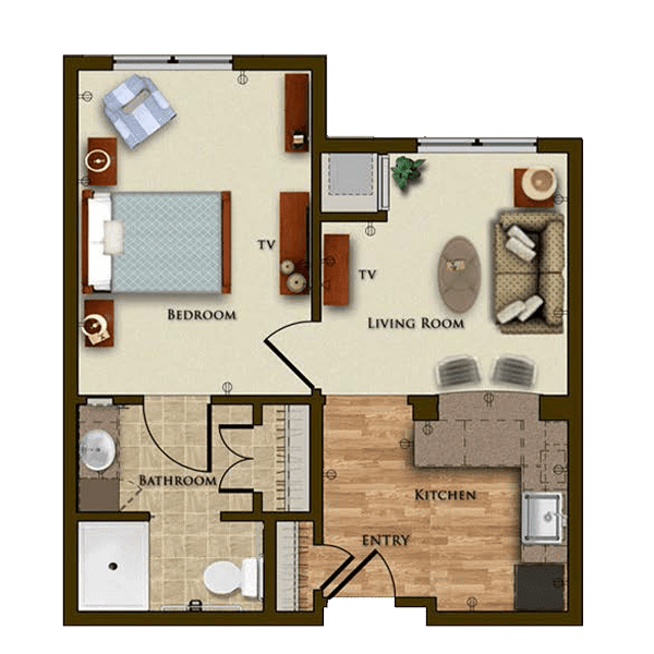 A detailed floor plan of a one-bedroom apartment with living room, kitchen, and bathroom.