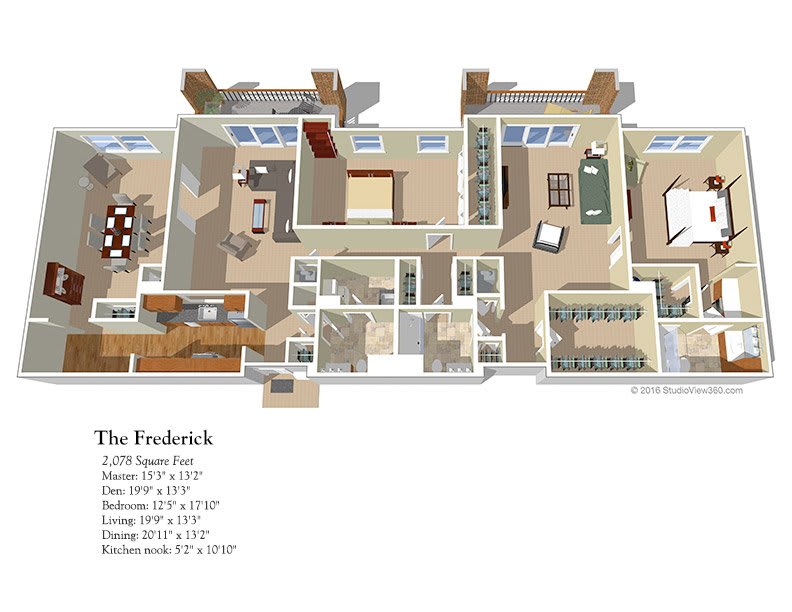 3D floor plan of an apartment showcasing room layouts and dimensions.
